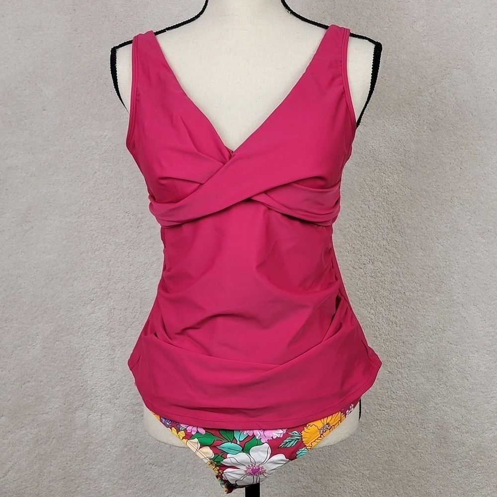 Cupshe New Women's L Pink Floral Crossover V-Neck Mid Rise Waist Tankini Set - Picture 2 of 16